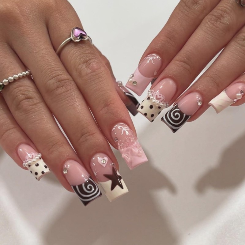 Uñas postizas cuadradas Octoswave, diseño francés, con diseños dulces, para