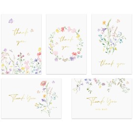 Floral Thank You Cards with Adhesive Envelopes, Gold Foil 4" x 6" Watercolor Wildflower Thank You Cards Blank for Wedding, Birthday, Bridal Showers, Baby Showers, Business, All Occasion(20 pack)