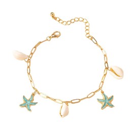 QKEPCY Shell Necklace for Women Girls Natural Shell Chains with Gold Starfish Pendant Boho Shell Necklace Summer Beach Jewellery, Zinc
