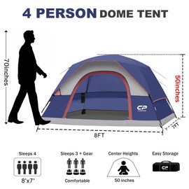 CAMPROS CP 4 Person Tent, Dome Tents for Camping with Rainfly, Waterproof Camping Tent Easy Set Up, Portable Family Tent with Large Mesh Window & Carry Bag for Outdoor Hiking