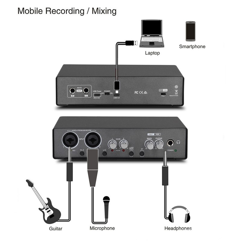 USB Audio Interface Mixer 24bit/192KHz 48V Phantom Power Noise Reduction