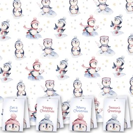 Christmas Wrapping Paper. 8 XL Sheets (50 x 70cm). Cute Penguin design. Gift Wrap with matching Tags. Cutting grid on reverse.
