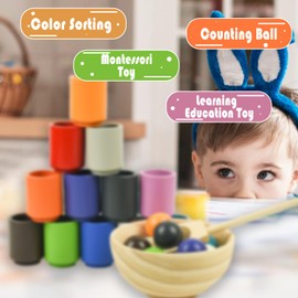 Coriver Colour Sorting Toys for Toddlers, Wooden Sorter Game 12 Colors Balls for Colour Sorting and Counting, Ball in Cup Game, Wooden Sorting Stacking Toy, Montessori Toys for 3+ Year Olds