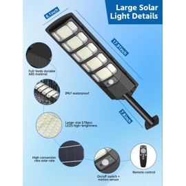 Ehowdin 2Pack 6500K Solar Street Lights Outdoor Dusk to Dawn, 240PCS 5730LEDs Solar Light Outdoor IP67Waterfroof, Security Flood Lights Motion Sensor with Remote Control for Parking lot, Yard,Street