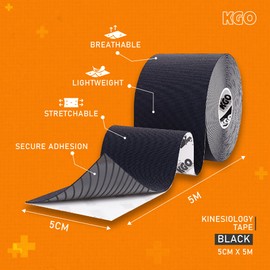 KGO Kinesiology Tape Black, Sports Elastic Tape for Muscle and Joint Support, Kinesio Tape, K Tape, Physio Tape, 5cm x 5m, Box of 1