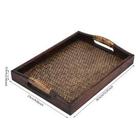 Woven Rattan Rectangle Serving Tray, 9 in Hand Woven Rattan Serving Tray Hand-Made with Raised Handles and Wood on All Sides Decorative for Dining Coffee Table Tea Party