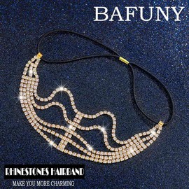 Bafuny Gold Rhinestone Headband Bling Crystal Hairband Bride Head Band Elastic Headpieces for Women