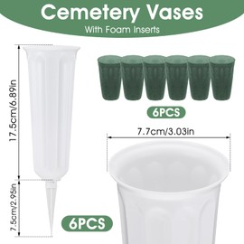 6 Sets Cemetery Vases for Grave with Fixing Foam, Durable Plastic Grave Vases with Spikes, Flower Holder for Cemetery Headstones, Outdoor Graves Decorations for Memorial Gifts for Loss of Loved One