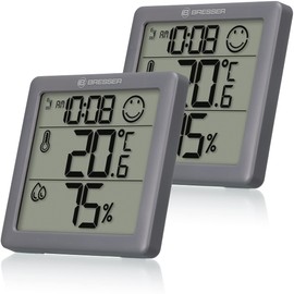 Bresser Thermometer Hygrometer Climate Smile Set of 2 for Standing or Wall Mounting with Room Climate Indicator as Smiley Face Anthracite