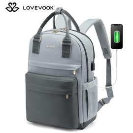 LOVEVOOK Laptop Backpack with USB Port, Backpack Purses for Women, Ideal Travel Backpacks for College, Work, Nursing, Travel, School Backpack, and Personal Item:_Navy-light brown_15.6"-11.5"L * 17"H * 7.2"D
