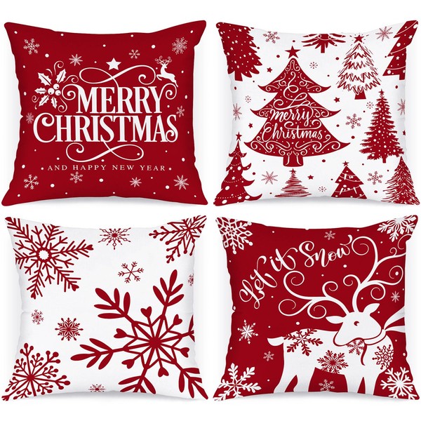 Lanpn White and Red 14x14 Christmas Pillow Covers Set of