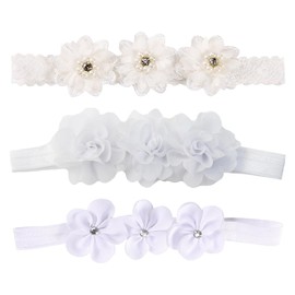 UEIOAVL Baby Jewelry, 3 Pieces Baby Hair Bands Kids Headbands with Flowers Elastic Hair Bands for Newborn and Toddler Hair Accessories for Party (White)