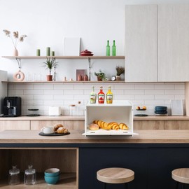 DECOCIAGA Bread Box for Kitchen Countertop, Large Capacity Bread Storage Container for Homemade Bread, Wooden Bread Holder Bread Bin for Kitchen Counter Corner, Cabinet, Pantry, Cupboard (White)