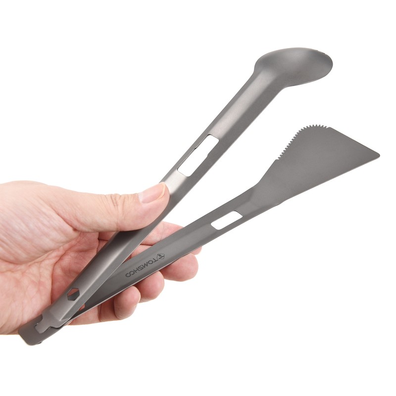 TOMSHOO Titanium Serving Tongs Multi-Purpose BBQ Tongs with Spork and
