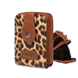 Montana West X Wrangler Leopard Credit Card Holder for Women Small Ladies Wallets Compact Rfid Card Organizer Case with Smooth Zipper and 15 Card Slots Birthday Gifts for Women
