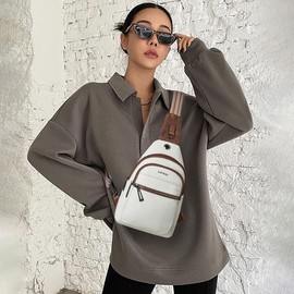 LATMAP 7L Sling Bag For Women Men Crossbody Shoulder Tote Blet Bags Backpack Fanny Pack Travel Purse Faux Leather Women's Leather sling bag - Color: Beige W/ Brown Trim