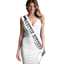 Country Bride Gift - SET OF 3: Silver Glitter Gettin Hitched White Satin Sash, Silver Rhinestone I'm Gettin Married Yall White Tote & White Can Cooler - Nashville Bachelorette Party Essentials