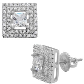 Real Solid 925 Sterling Silver -Square Baguette Kite Earrings - Iced CZ 10mm (3/8") Earrings Screw Backs - Flooded Out Aretes