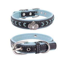 haoyueer Braided Soft Padded Genuine Leather Dog Collar, Rhinestone Crown & Stylish Braided Dog Collar, Fits Small Medium Large Breeds (L, Blue)