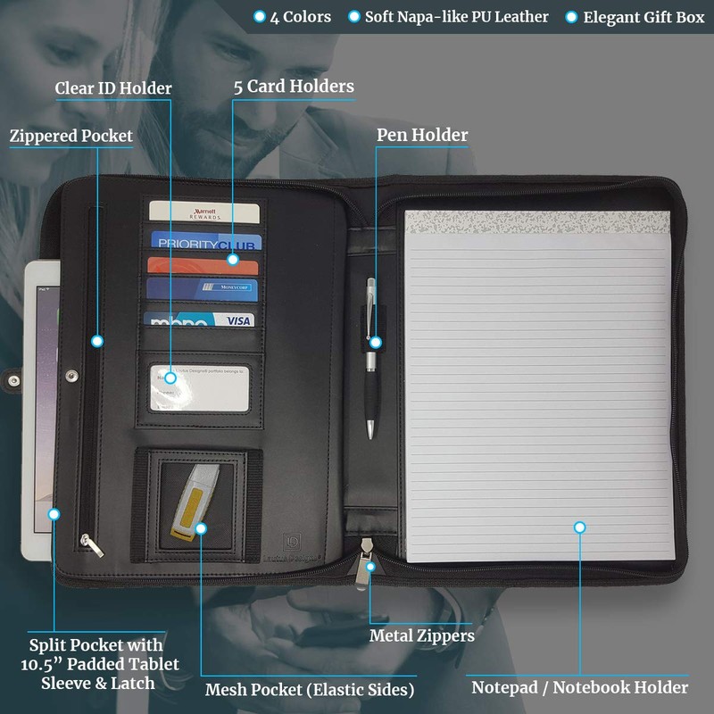 Matt Black Zippered Portfolio Binder - PU Leather Business Portfolio