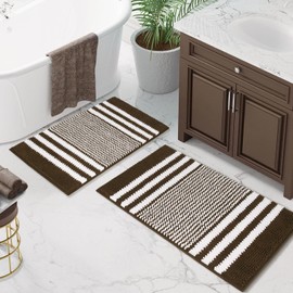 Starryle Bathroom Rugs Set 2 Piece, Extra Soft and Absorbent Fluffy Striped Chenille Bath Mat Rug Set, Non Slip Bathroom Floor Mat, Machine Washable (20" x 32" Plus 16" x 24", Coffee)