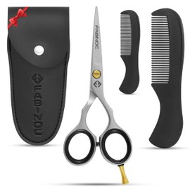 FABINOC Beard and Mustache Scissors for Men 5" with 2 Combs & Pouch – German Quality Stainless Steel Hand-Forged Grooming Scissors for Facial Hair Trimming (Silver)