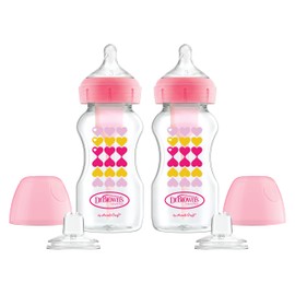 Dr. Brown's™ Options+™ Kit de iniciación de botellas de cuello ancho, pezones de nivel 3 con boquilla de transición, paquete de 2 paquetes de 9 onzas, corazones rosados, 6 meses +