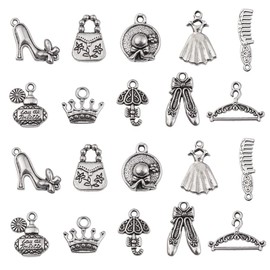 Ornazy 100pcs 10 Styles Tibetan Style Charms Antique Silver Perfume Mirror Dress Charms Vintage High Heel Umbrella Crown Charms for Jewelry Making
