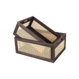 Rattan Storage Baskets, Wicker Storage Baskets for Shelves, Wooden Crate. (Brown-Set2)