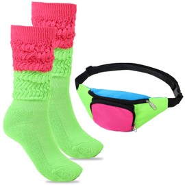 80s Neon Rave Fanny Pack with Color Blocked Pile Socks, Retro Belt Bag Waist Packs for Women Men, 80s Accessories Plus Size Belt Bag for Traveling Party Costume Holiday Festival Theme Party
