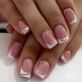 Square Press On Nails Short Fake Nails French Tip False Nails With Rhinestone Design Full Cover Reusable Pink Glue On Nails Artificial Nails Glossy Cute Stick On Nails For Women 24pcs