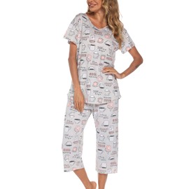 ENJOYNIGHT Womens Pajama Sets Cotton Pj Set Short Sleeve Top With Capri Pants Sleepwear 2 Piece Lounge Set (Medium,Coffee Cup)
