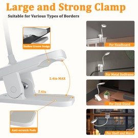 HECDSTLY Clip on LED Reading Light, 25 Models USB Rechargeable Bed Lamp with Strong Clamp for Headboard, Eye Protection Portable Cordless Battery Lights for Bedframe Desk Table Home Office (White)