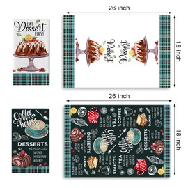 Croar Eat Dessert First Kitchen Dish Towels Set of 2, Coffee House Drying Hand Towels Cupcake Cheesecake Brownie Baking Cooking Cloth, Plaid Farmhouse Home Kitchen Decoration 18 x 26 Inch