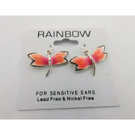 Rainbow Pink Butterfly Earrings Drop Dangle Silver Trim Hook Fasteners Sensitive Ears