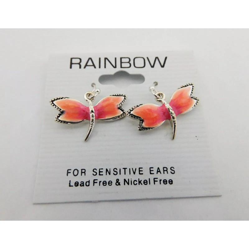 Rainbow Pink Butterfly Earrings Drop Dangle Silver Trim Hook Fasteners