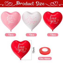 Pack of 30 Heart Balloons Red Pink White Heart Latex Balloons 12 Inch Heart Helium Balloons Heart Shape Latex Balloons for Valentine's Day Marriage Proposals Engagement Wedding Decoration Birthday