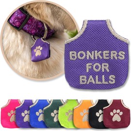 Woofhoof’s Dog Tag Silencer, Quiets Dog ID Tags, for Dogs and Cats, Purple Bonkers for Balls, 1.75 x 1.75 x.25