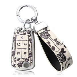 EnerCharge for Chevy Key Fob Cover with Keychain,Soft TPU and Leather Full Protection 5 Buttons Key Case Shell for Equinox Camaro Cruze Malibu Impala Spark Sonic GMC Buick (White Rose)