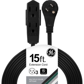 GE 56987 - Cable de extensión plano de 3 tomas, cable de extensión de 15 pies, con múltiples tomas, extensor de salida de 3 clavijas, enchufe plano, cable de extensión para interiores, calibre 16,