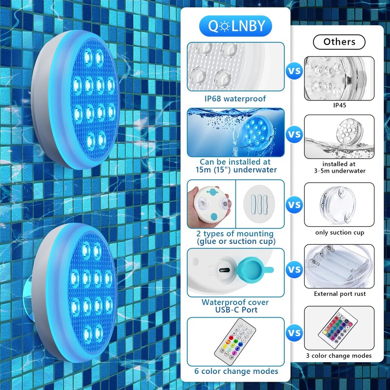 QOLNBY Pool Lights, Rechargeable Submersible LED Lights, IP68 Waterproof Underwater