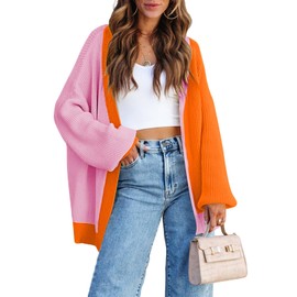Women's Colorblock Cardigan Long Sleeve Open Front Ribbed Knit Oversized Cardigans Sweaters with Pockets Orange L
