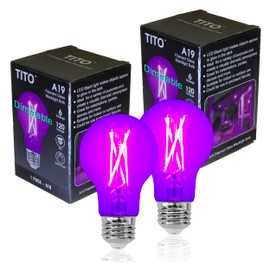TITO 2 Pack E26 A19 Dimmable Filament LED Black Light Bulbs, UVA 395nm 6W Blacklight Bulb 100W Equivalent, Black Light Bulb Glow in Dark Halloween Christmas Party Fluorescent Posters Decor Display