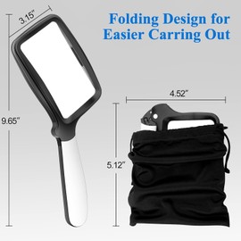 LH-Large Hand Magnifying Glass Handheld Folding Reading Magnifier 3X Magnification with 5 Dimmable LEDs Ideal for Reading Small Prints, Book