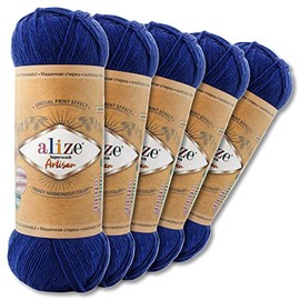 Wohnkult Alize 5 x 100 g Superwash Artisan Sock Wool Premium 16 Selection Contrast Crochet Knitting (797 | Blue)