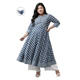 Yash Gallery Anarkali Kurta de algodón con estampado floral para mujer, Azul., 4XL