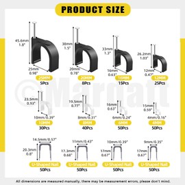 Mardatt 423Pcs Cable Clips, 0.16”-0.98” Wire Wall Clips with 0.57”, 0.43”, 0.39”, 0.35” Insulated U Nail Kit Ethernet Tacks Coax Clip Metal Cable Staple for Fixing Electrical Wire