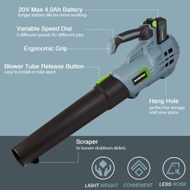 WORKPRO 20V Cordless Leaf Blower with 5 Adjustable Speeds, 350 CFM Powered Blower Sweeper for Lawn Care Snow Blowing Yard Cleaning, 4.0Ah Larger Capacity Battery and Quick Charger Included