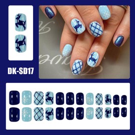 24Pcs Blue Press on Nails Short Square - Christmas Dark Blue Glitter Fake Nails with Xmas Elk Snowflake Plaid Designs Glue on Nails Christmas Nails Full Cover Glossy Artificial False Nails for Women