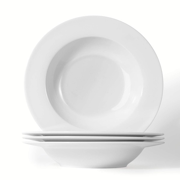 Artena 8 Ounces Pasta Bowls Set of 4, 8.5 inch Soup Bowls, Advanced Porcelain Salad Bowl, Wide Rim Pasta Plates, Shallow Bowls for Kitchen, Rimmed White Plates and Bowls Set, Microwave Oven Safe